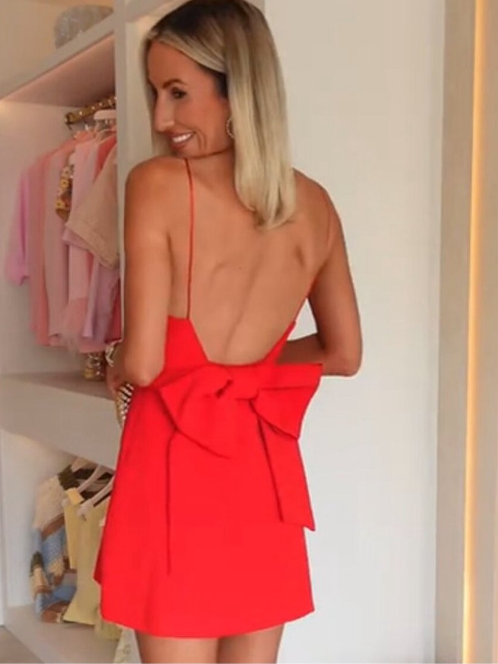 NWT. Zara Red Cotton Blend Bow Short Straight-Neck Dress. Size M.